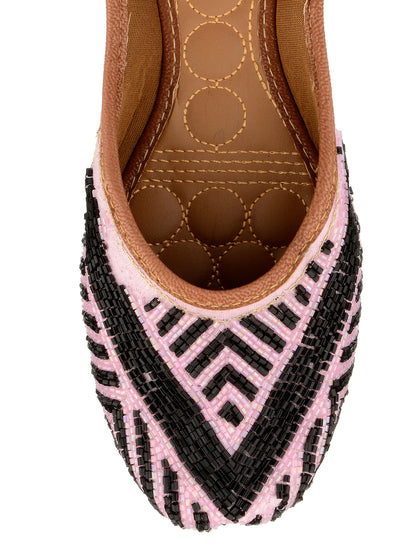 DESI COLOUR Women Pink Printed Leather Ethnic Mojaris with Laser Cuts Flats