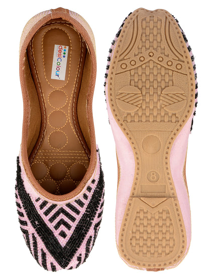 DESI COLOUR Women Pink Printed Leather Ethnic Mojaris with Laser Cuts Flats