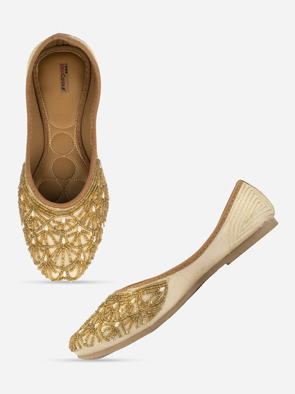 DESI COLOUR Women Beige Embellished Leather Ethnic Mojaris Flats