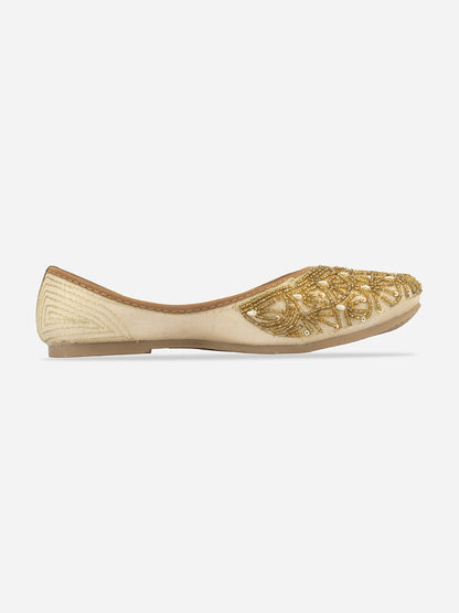 DESI COLOUR Women Beige Embellished Leather Ethnic Mojaris Flats