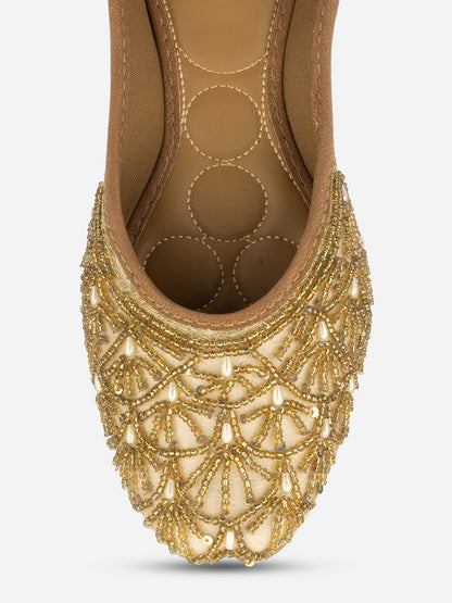 DESI COLOUR Women Beige Embellished Leather Ethnic Mojaris Flats