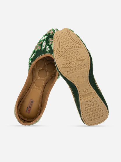 DESI COLOUR Women Green Ethnic Embellished Mojaris Flats