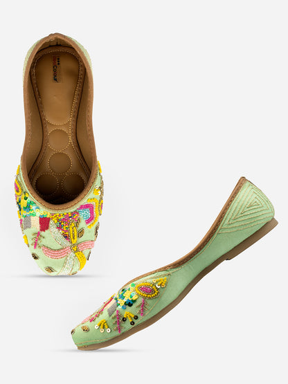 DESI COLOUR Women Sea Green Embellished Leather Ethnic Mojaris Flats