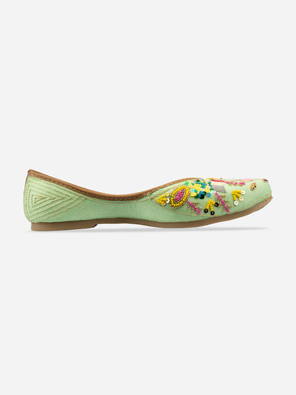 DESI COLOUR Women Sea Green Embellished Leather Ethnic Mojaris Flats