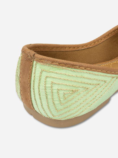 DESI COLOUR Women Sea Green Embellished Leather Ethnic Mojaris Flats