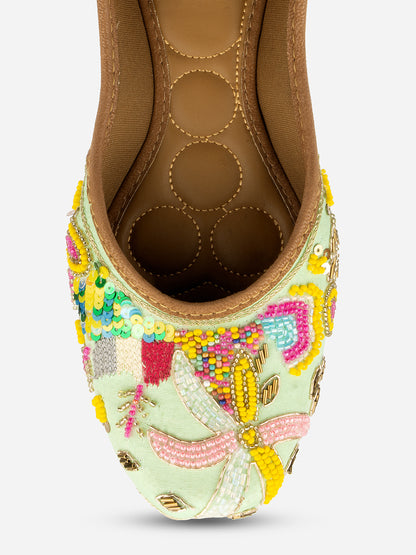 DESI COLOUR Women Sea Green Embellished Leather Ethnic Mojaris Flats