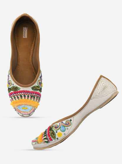 DESI COLOUR Women Beige Embellished Leather Ethnic Mojaris