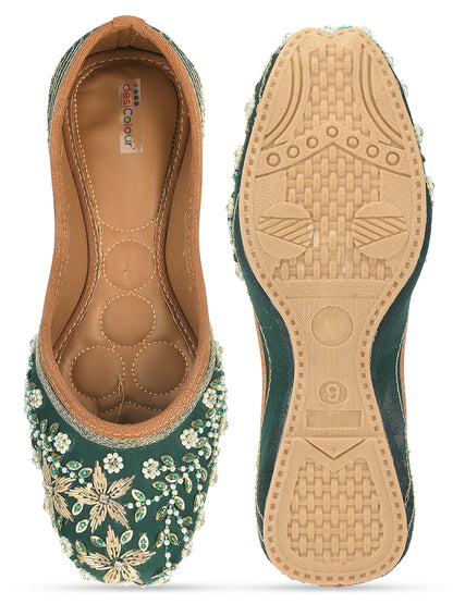 DESI COLOUR Women Green Embellished Ethnic Mojaris Flats