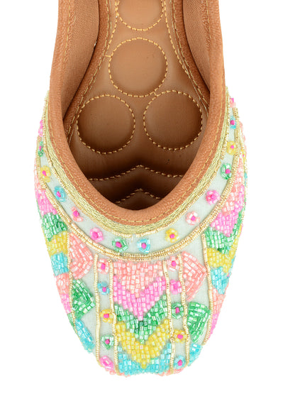 DESI COLOUR Women Cream-Coloured Printed Leather Ethnic Ballerinas