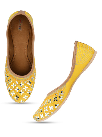 DESI COLOUR Women Yellow Embellished Leather Ethnic Mojaris Flats