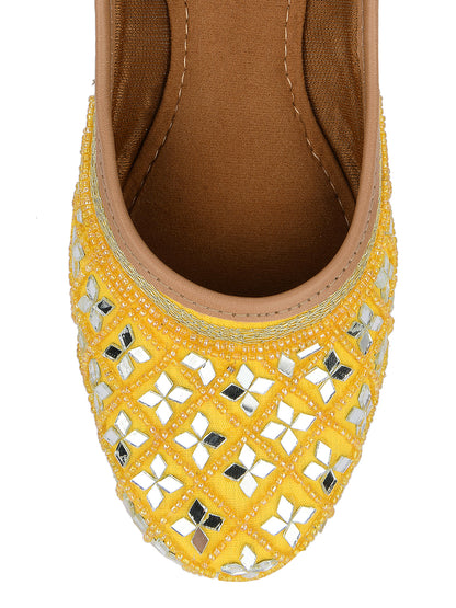 DESI COLOUR Women Yellow Embellished Leather Ethnic Mojaris Flats