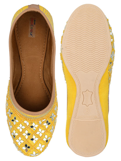 DESI COLOUR Women Yellow Embellished Leather Ethnic Mojaris Flats