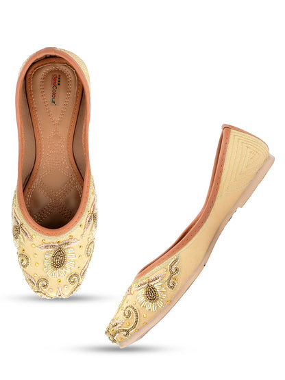 DESI COLOUR Women Gold-Toned Embellished Leather Ethnic Mojaris Flats