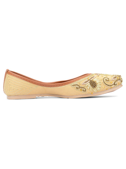 DESI COLOUR Women Gold-Toned Embellished Leather Ethnic Mojaris Flats