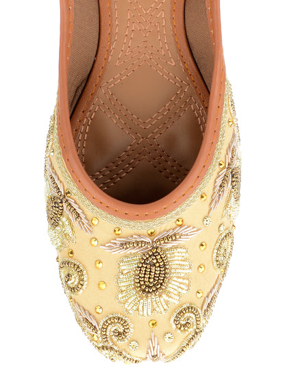 DESI COLOUR Women Gold-Toned Embellished Leather Ethnic Mojaris Flats