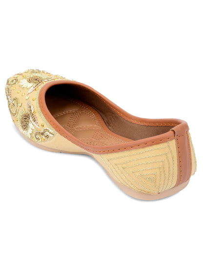 DESI COLOUR Women Gold-Toned Embellished Leather Ethnic Mojaris Flats