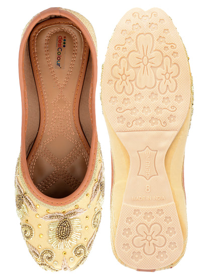 DESI COLOUR Women Gold-Toned Embellished Leather Ethnic Mojaris Flats