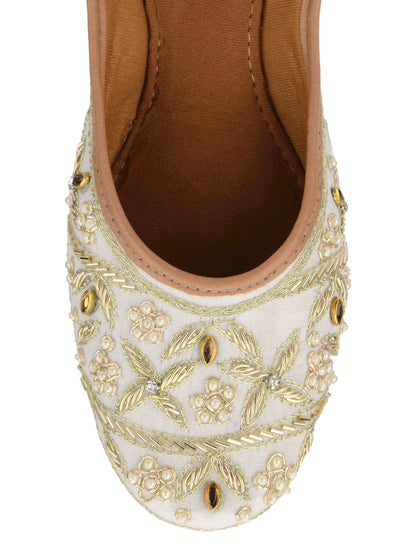 DESI COLOUR Women Off White Embellished Pearls Ethnic Mojaris Flats