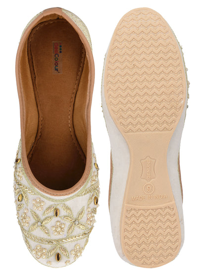 DESI COLOUR Women Off White Embellished Pearls Ethnic Mojaris Flats