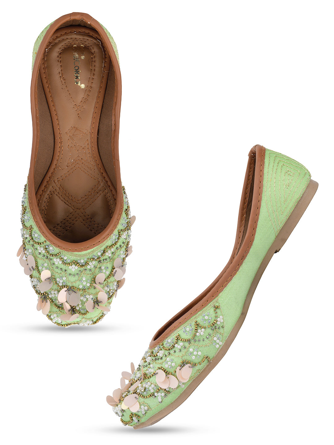 DESI COLOUR Women Sea Green Embellished Ethnic Mojaris Flats