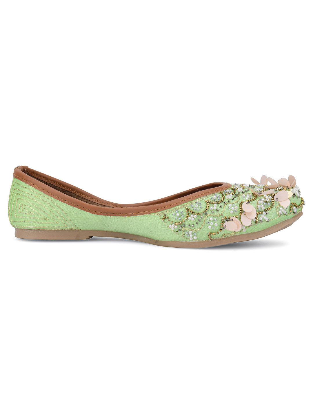 DESI COLOUR Women Sea Green Embellished Ethnic Mojaris Flats