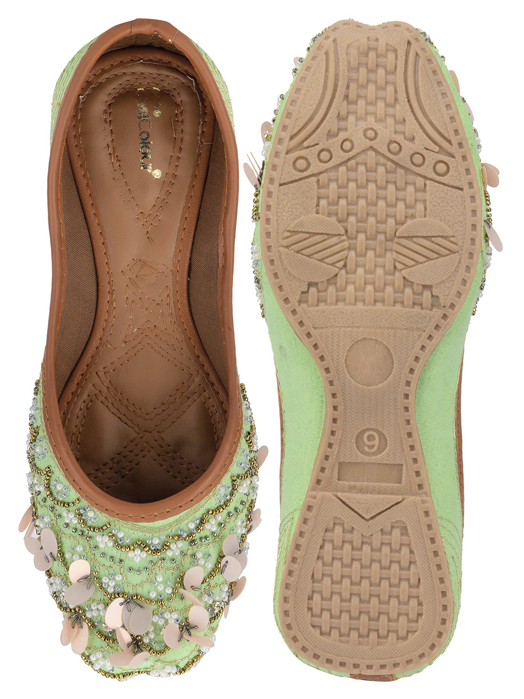 DESI COLOUR Women Sea Green Embellished Ethnic Mojaris Flats