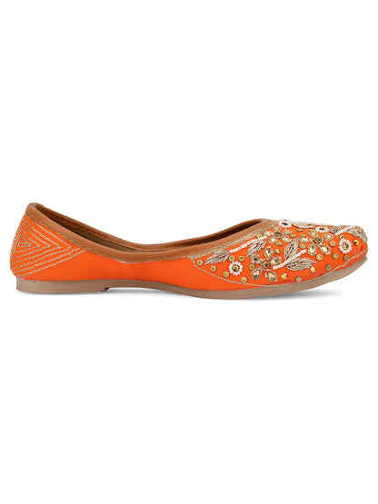 DESI COLOUR Women Orange Embellished Ethnic Mojaris Flats