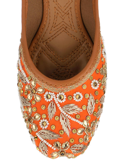 DESI COLOUR Women Orange Embellished Ethnic Mojaris Flats