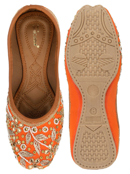 DESI COLOUR Women Orange Embellished Ethnic Mojaris Flats