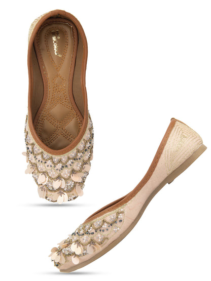 DESI COLOUR Women Peach-Coloured Embellished Leather Ethnic Mojaris Flats