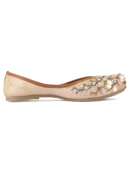 DESI COLOUR Women Peach-Coloured Embellished Leather Ethnic Mojaris Flats