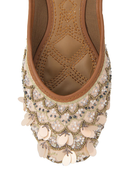 DESI COLOUR Women Peach-Coloured Embellished Leather Ethnic Mojaris Flats