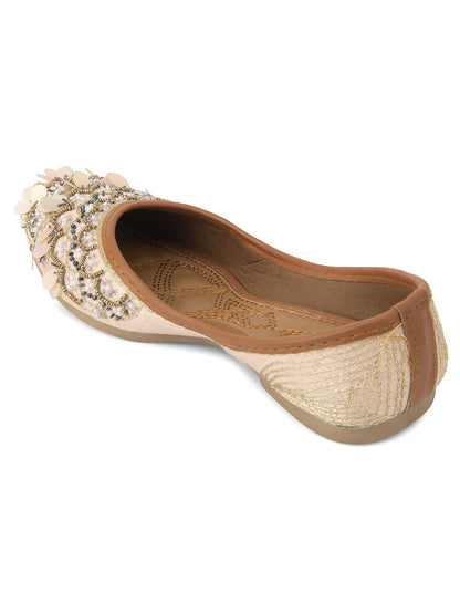 DESI COLOUR Women Peach-Coloured Embellished Leather Ethnic Mojaris Flats