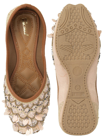 DESI COLOUR Women Peach-Coloured Embellished Leather Ethnic Mojaris Flats