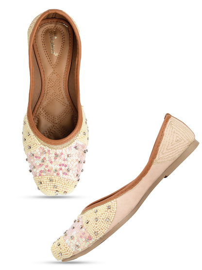 DESI COLOUR Women Off White Embellished Ethnic Mojaris Flats