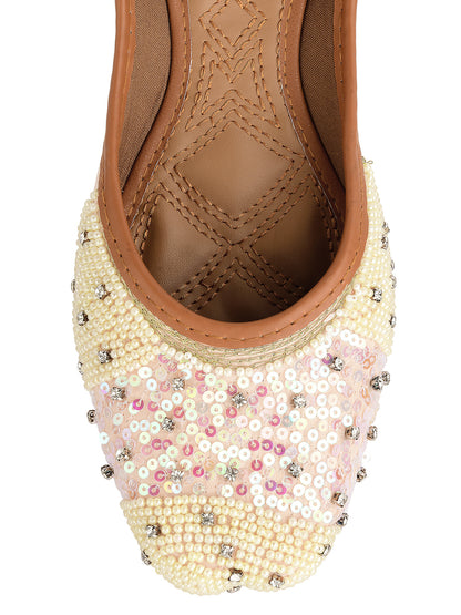 DESI COLOUR Women Off White Embellished Ethnic Mojaris Flats