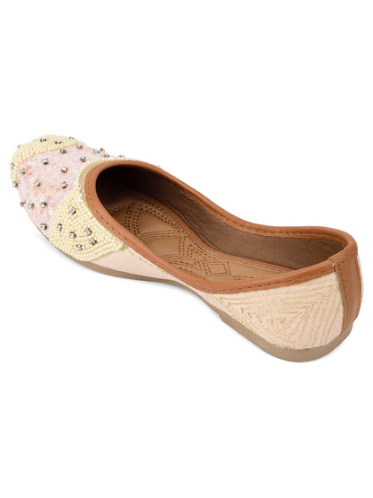 DESI COLOUR Women Off White Embellished Ethnic Mojaris Flats