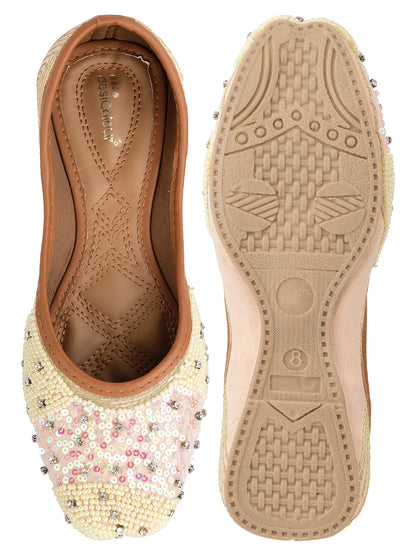 DESI COLOUR Women Off White Embellished Ethnic Mojaris Flats