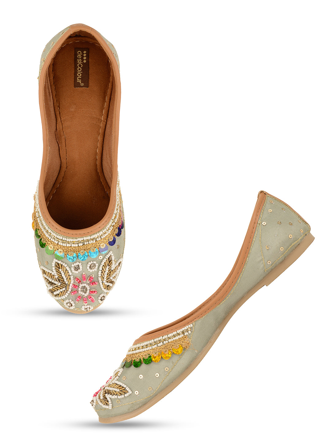 DESI COLOUR Women Grey Embellished Leather Ethnic Flats