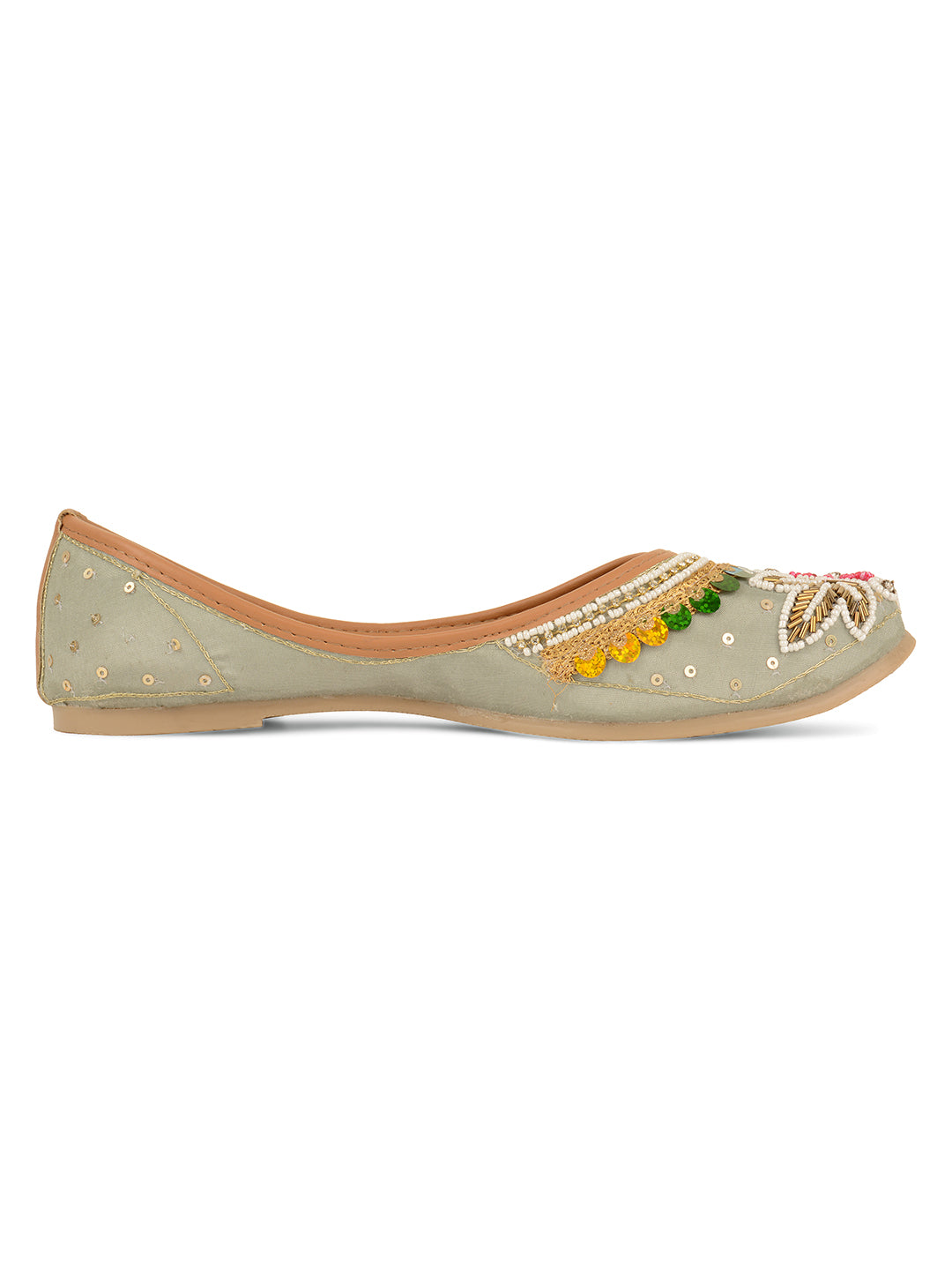 DESI COLOUR Women Grey Embellished Leather Ethnic Flats