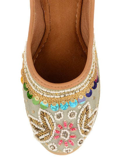 DESI COLOUR Women Grey Embellished Leather Ethnic Flats