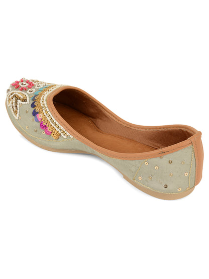 DESI COLOUR Women Grey Embellished Leather Ethnic Flats