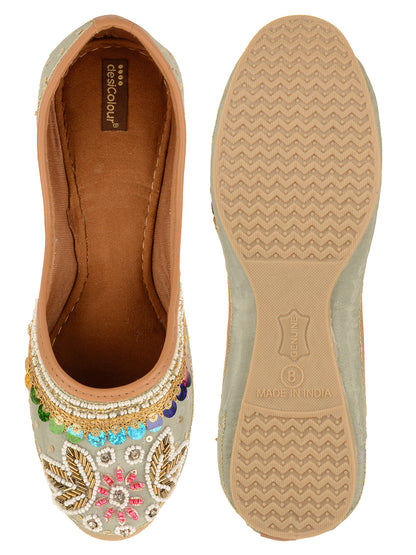 DESI COLOUR Women Grey Embellished Leather Ethnic Flats