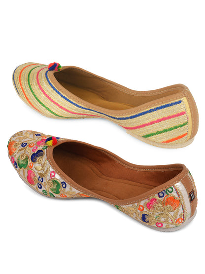 DESI COLOUR Women Pack Of 2 Beige Leather Ethnic Mojaris Flats