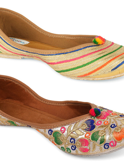 DESI COLOUR Women Pack Of 2 Beige Leather Ethnic Mojaris Flats