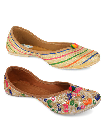 DESI COLOUR Women Pack Of 2 Beige Leather Ethnic Mojaris Flats