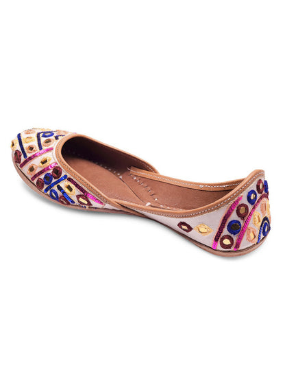 DESI COLOUR Women Blue  Pink Embellished Leather Mojaris