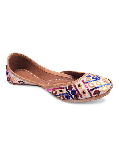 DESI COLOUR Women Blue  Pink Embellished Leather Mojaris