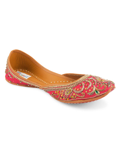 DESI COLOUR Women Turquoise Blue Embellished Leather Mojaris