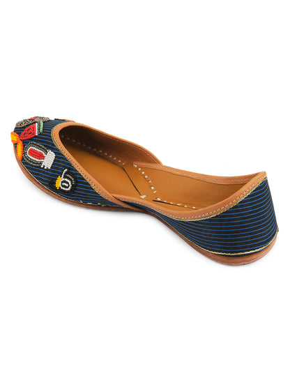 DESI COLOUR Women Blue Embellished Leather Ballerinas